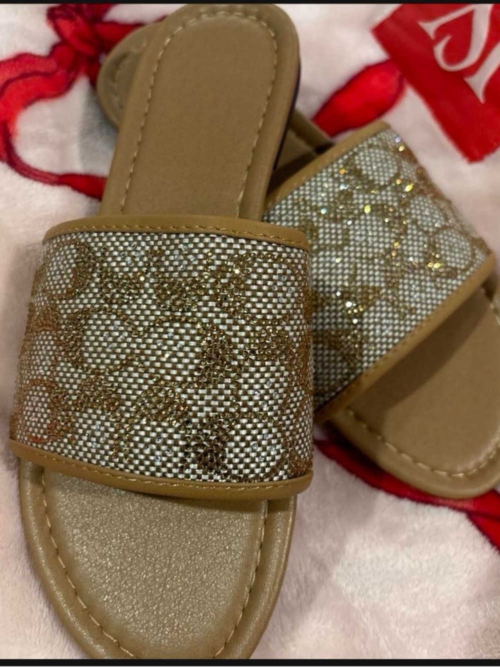 Sparkle Slide Sandals in Tan with Rhinestone Accent
